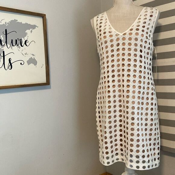 Tracy Reese White & Taupe Eyelet Lace Front Sleeveless Midi Dress Size Small NEW - Picture 1 of 10